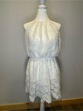 Lolita Jaca Luxury Resort Wear, White Halter Lace Mini Dress